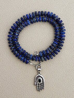 LAPIS NECKLACE W/ 925 SILVER HAND PENDANT--18"